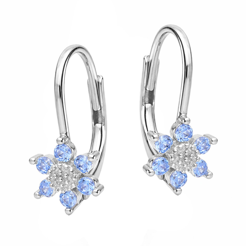 Kolczyki dla dziewczynki kwiatki z błękitnymi cyrkoniami, srebro 925