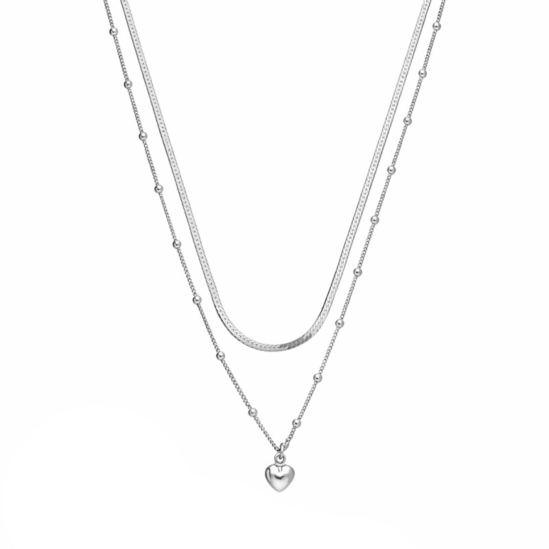 Naszyjnik podwójny taśma z łańcuszkiem z kulkami i dmuchanym sercem srebro 925
