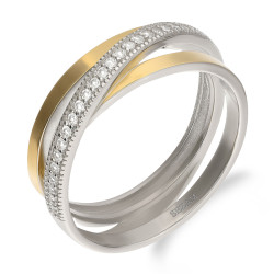 Pierścionek srebrny skos z cyrkoniami i złotą blaszką 375
