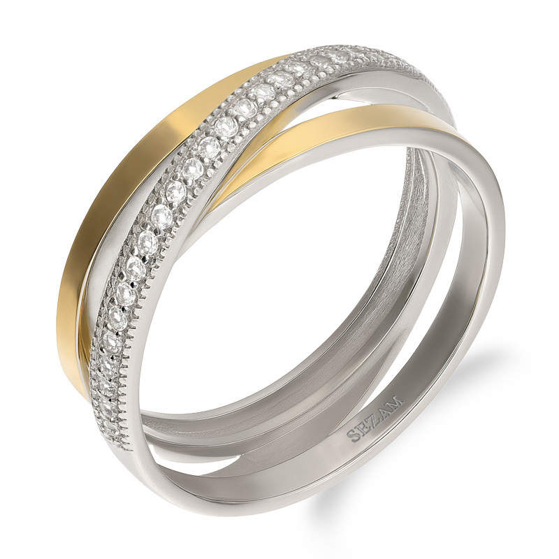 Pierścionek srebrny skos z cyrkoniami i złotą blaszką 375