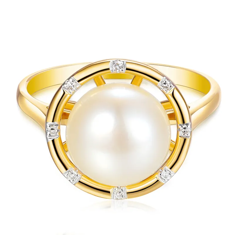 Pierścionek z perłą i diamentami 0,03 ct, złoto 585