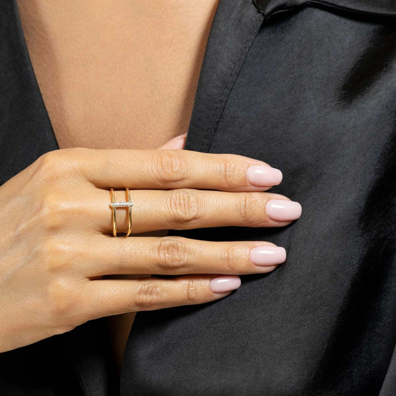 Pierścionek LINE z podwójną szyną z diamentami 0,02 ct, złoto 585