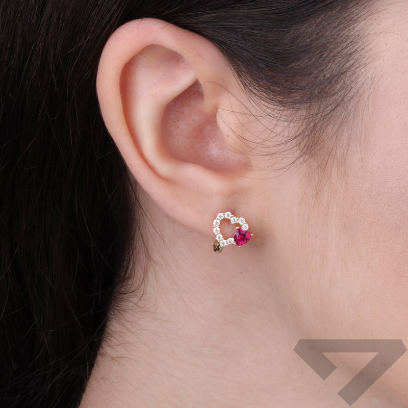 Kolczyki dla dziewczynki z serduszkiem z różowej cyrkonii, złoto próby 585