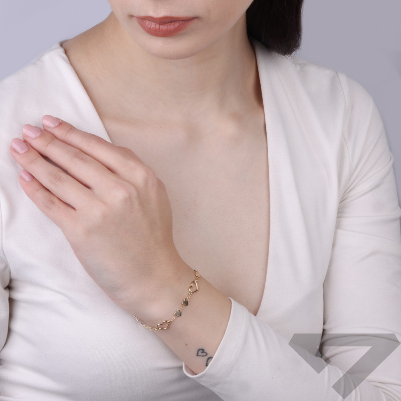 Bransoletka złota z sercami, złoto próby 375