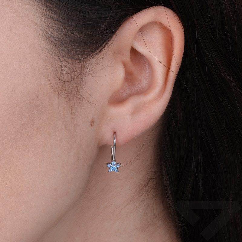 Kolczyki dla dziewczynki kwiatki z cyrkoniami białymi i błękitnymi, srebro 925