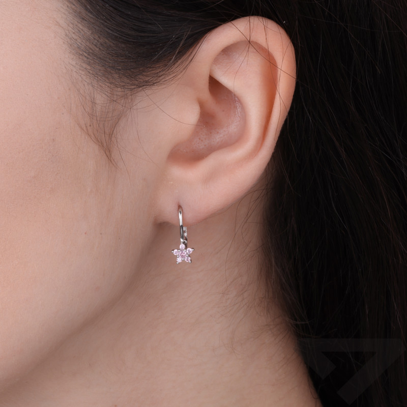 Kolczyki dla dziewczynki kwiatki z cyrkoniami białymi i jasno różowymi, srebro 925