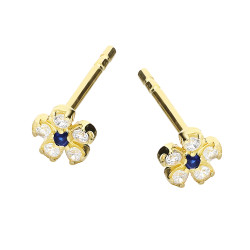 Kolczyki złote kwiatek z szafirową i białymi cyrkoniami, próba 375