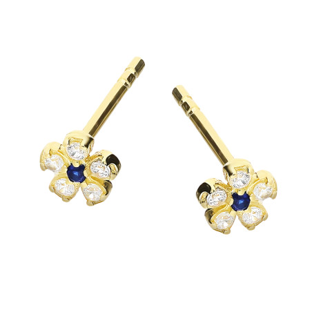 Kolczyki złote kwiatek z szafirową i białymi cyrkoniami, próba 375