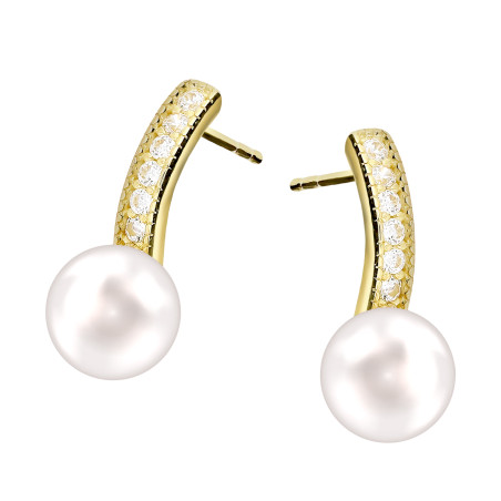 Kolczyki złote z białymi cyrkoniami i białą perłą, próba 375