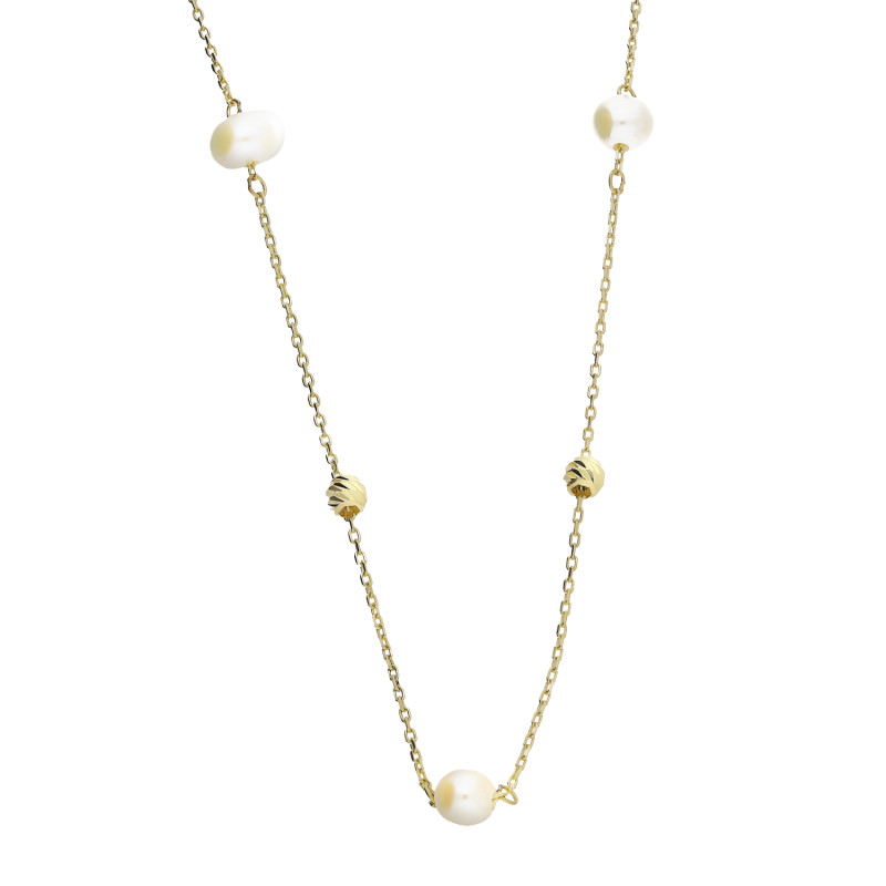 Naszyjnik złoty 585 z perełkami 4,5 mm i kulkami grawerowanymi