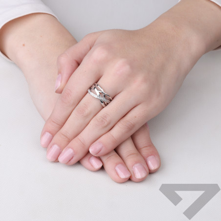 Pierścionek szeroki ażur pasy z cyrkoniami, srebro 925