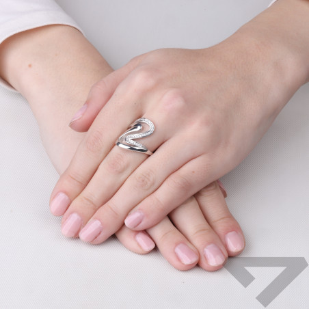 Pierścionek srebrny gładka fala i fala z cyrkoniami, próba 925