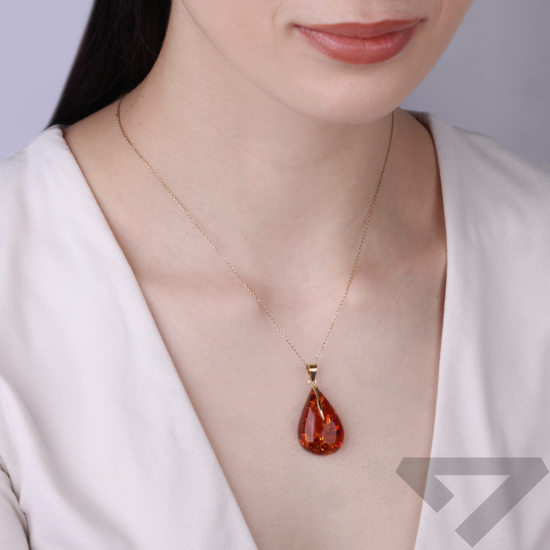 Zawieszka z bursztynu łezka, koluszko ze złota 585