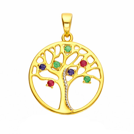 Wisiorek drzewo życia w kole z kamieniami naturalnymi, złoto 585