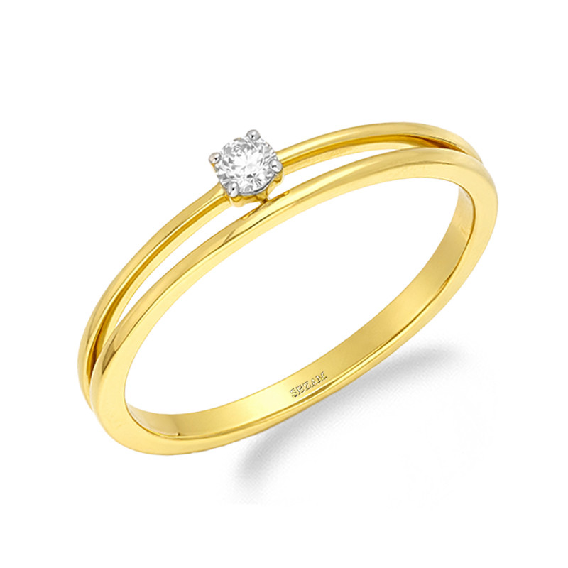 Pierścionek SOLITER podrójna szyna, diament 0,10 ct, złoto 585