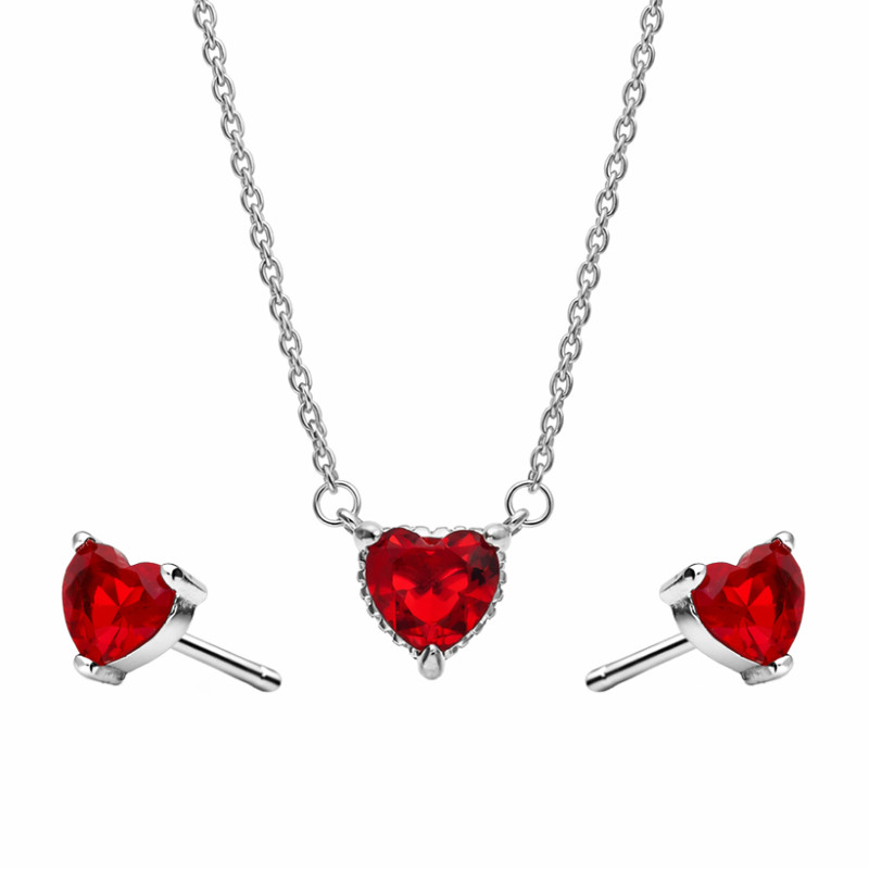 Srebrny Komplet Serca z Czerwoną Cyrkonią - JubilerSezam.pl