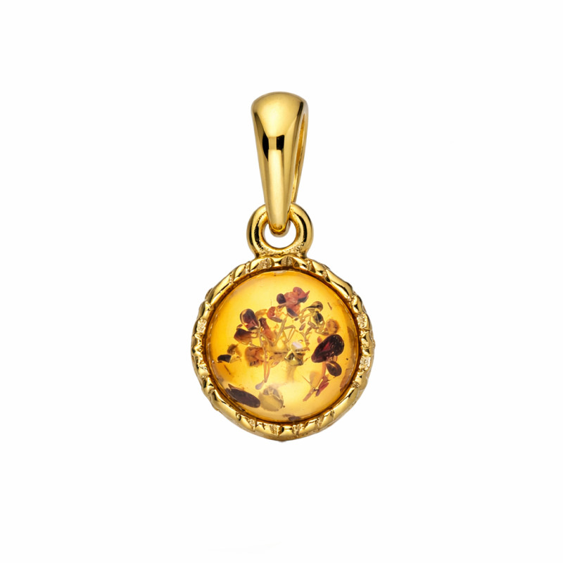 Komplet biżuterii srebrnej kolczyki i wisiorek koloru złotego z bursztynem koniakowym