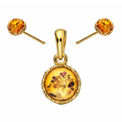 Komplet biżuterii srebrnej kolczyki i wisiorek koloru złotego z bursztynem koniakowym