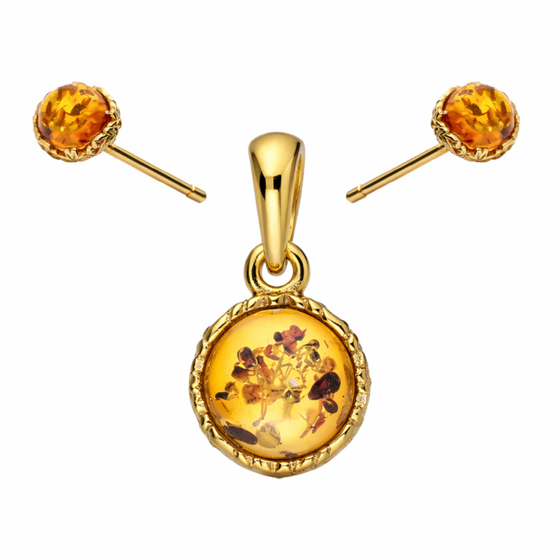 Komplet biżuterii srebrnej kolczyki i wisiorek koloru złotego z bursztynem koniakowym