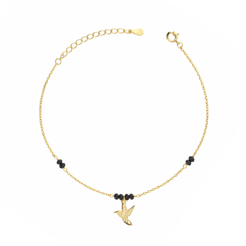 Bransoleta srebrna koloru złotego z kolibrem i kulkami fasetowanymi