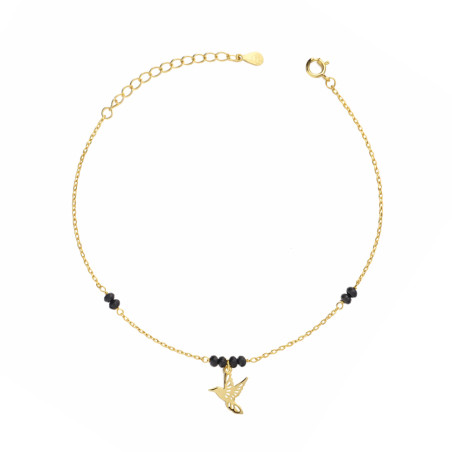 Bransoleta srebrna koloru złotego z kolibrem i kulkami fasetowanymi