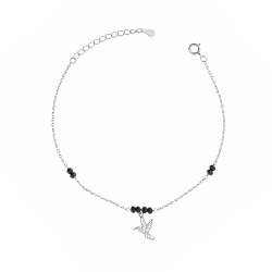 Bransoleta srebrna z ażurowym kolibrem i czarnymi kulkami fasetowanymi