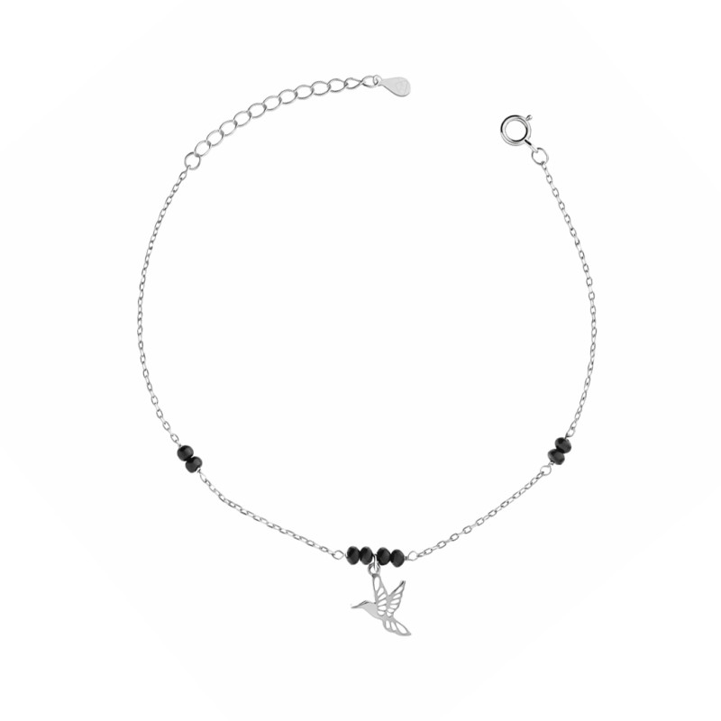 Bransoleta srebrna z ażurowym kolibrem i czarnymi kulkami fasetowanymi