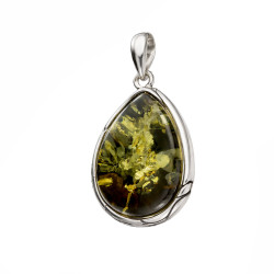 Zawieszka z bursztynem zielonym w srebrze z grawerem kształt kropli