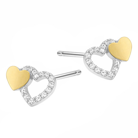 Kolczyki srebrne próby 925 serce z cyrkoniami i serce z blaszką ze złota 375