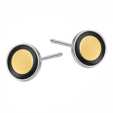 Kolczyki kółka z blaszką ze złota 375 i czarną emalią, całość ze srebra 925