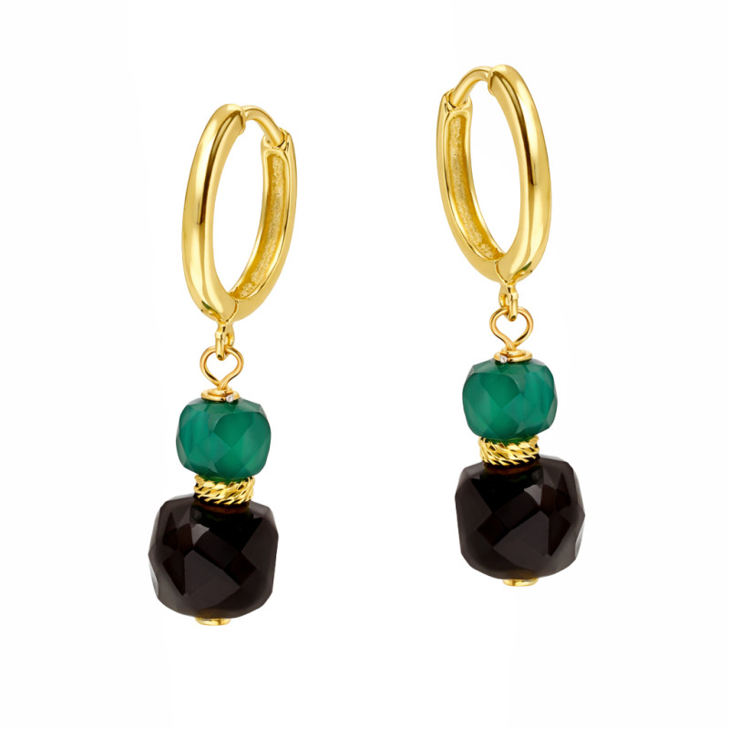 Kolczyki z agatami fasetowanymi koloru czarnego i zielonego, srebro 925 koloru złotego