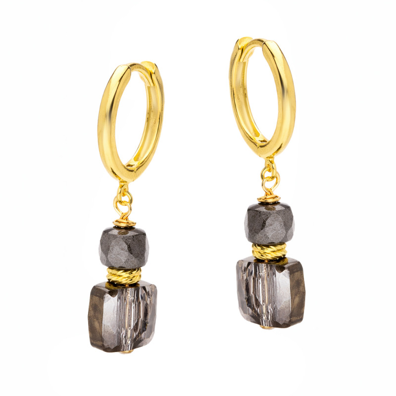 Kolczyki wiszące koła z hematytem i kryształkiem Swarovski, srebro 925 kolotu złotego
