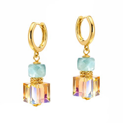 Kolczyki wiszące kółka z amazonitem i kryształkami Swarovski, srebro 925 koloru złotego