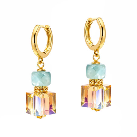 Kolczyki wiszące kółka z amazonitem i kryształkami Swarovski, srebro 925 koloru złotego