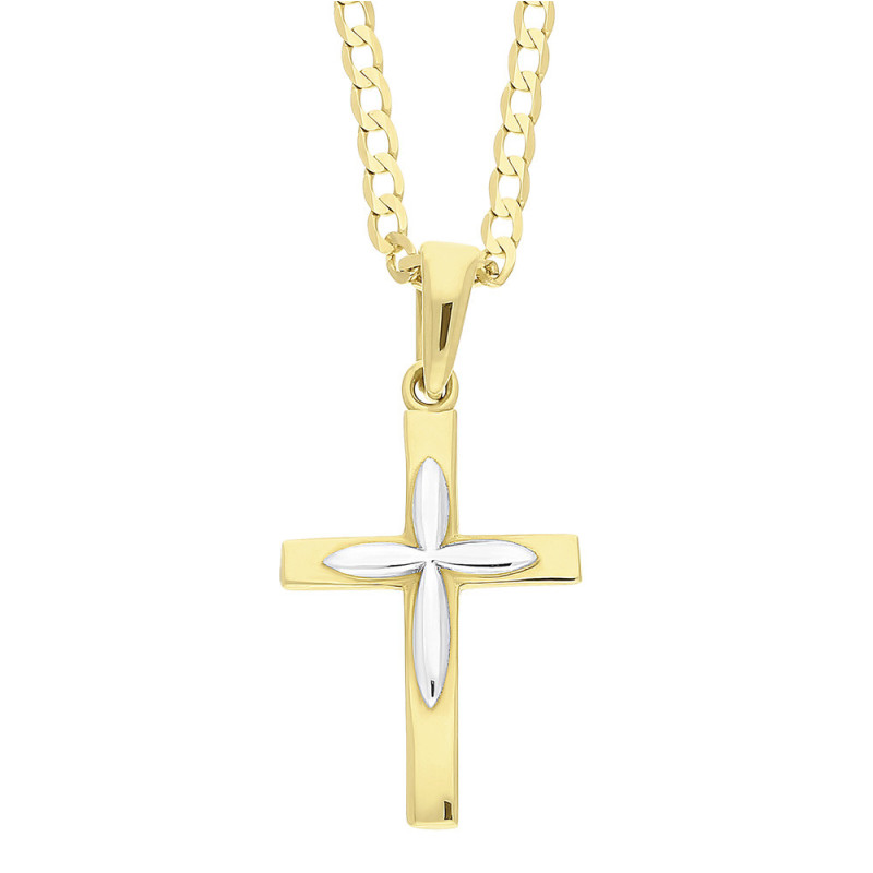 Zestaw komunijny złoty 585 – krzyżyk dwukolorowy, łańcuszek pancer