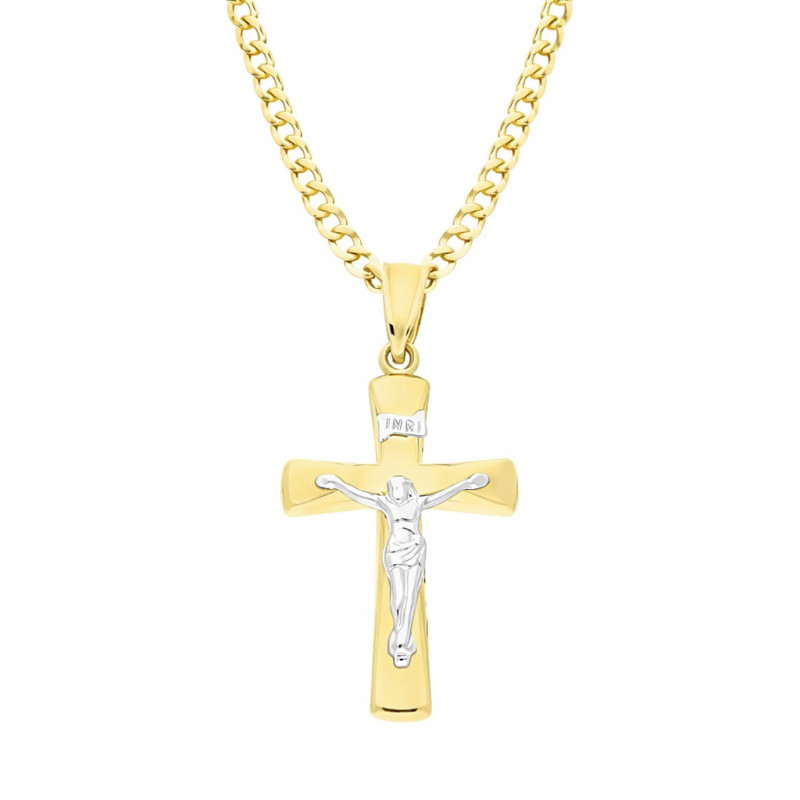 Zestaw komunijny złoty 585 – krzyżyk dwukolorowy, łańcuszek pancer