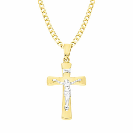 Zestaw komunijny złoty 585 – krzyżyk dwukolorowy, łańcuszek pancer