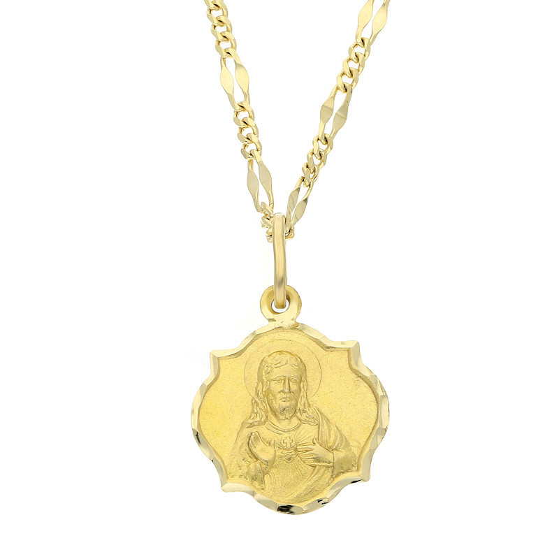 Zestaw komunijny złoty 585 – medalik szkaplerz i łańcuszek Figaro