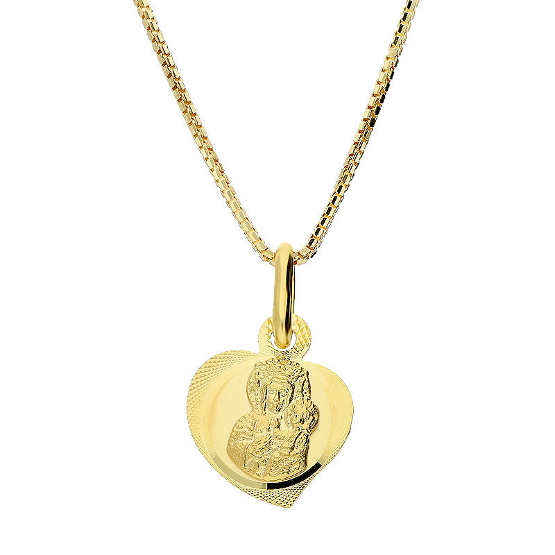 Zestaw komunijny złoty 585 – Matka Boska Częstochowska w sercu, łańcuszek kostka