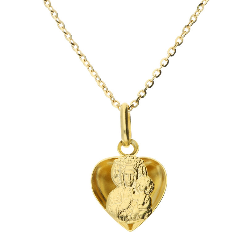 Zestaw komunijny złoty – Matka Boska Częstochowska 3D serce 333 i łańcuszek rolo 375