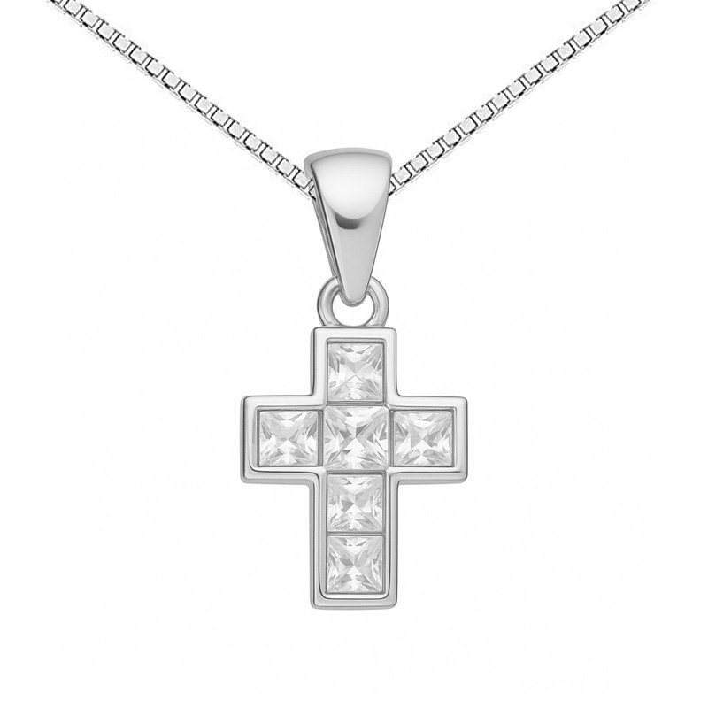 Srebrny zestaw komunijny – krzyżyk z cyrkoniami i łańcuszek kostka, srebro 925