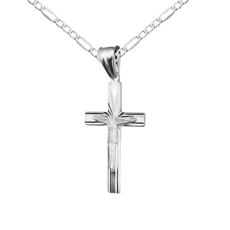 Srebrny krzyżyk z Jezusem i promieniami + łańcuszek pancer – srebro 925 rodowane