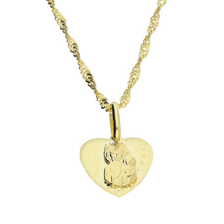Zestaw komunijny złoty 585 – Matka Boska Częstochowska w sercu i łańcuszek singapur