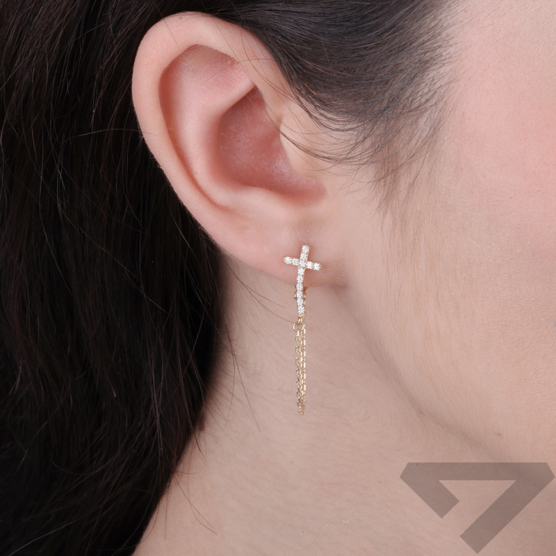 Kolczyki krzyżyk z cyrkoniami i łańcuszkiem, złoto 375