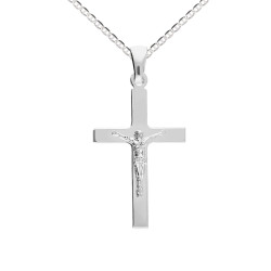 Srebrny krzyżyk z wizerunkiem Jezusa i łańcuszek marina – zestaw srebro 925