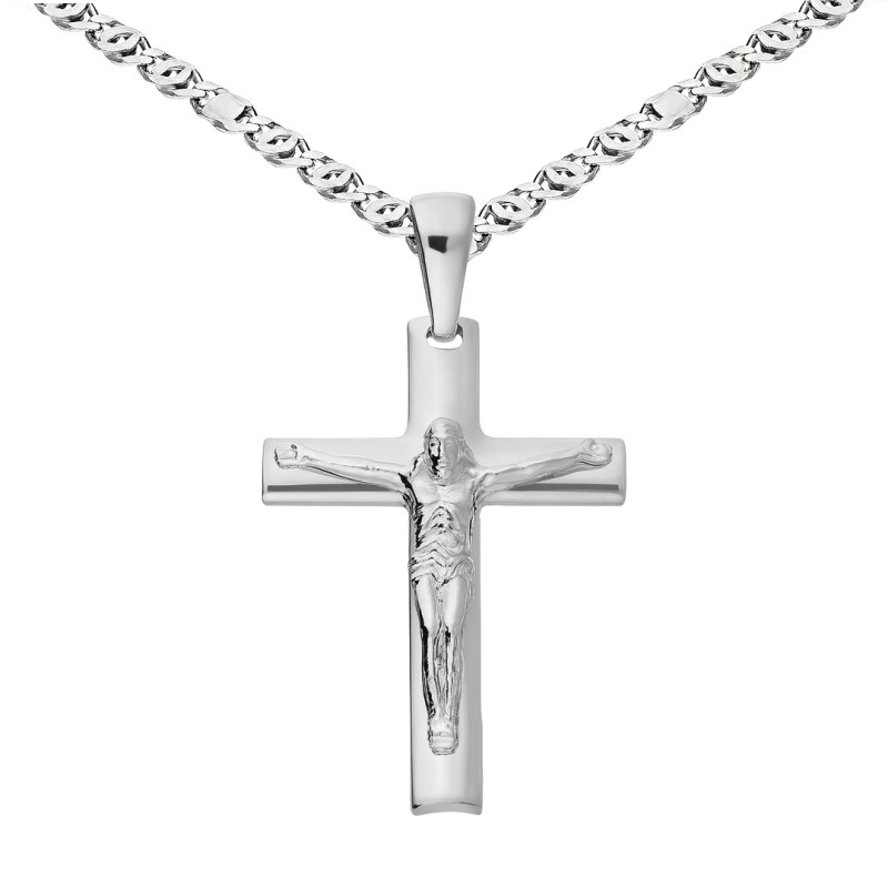 Zestaw komunijny srebrny – krzyżyk z wizerunkiem Jezusa i łańcuszek tiger z blaszką srebro 925