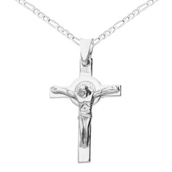 Srebrny krzyżyk benedyktyński z łańcuszkiem figaro – zestaw srebro 925