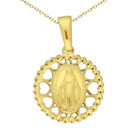 Złoty zestaw komunijny medalik Niepokalana w ażurowych sercach + łańcuszek 585