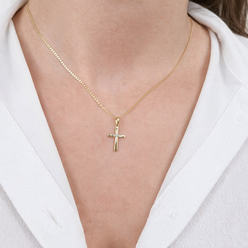 Zestaw komunijny krzyżyk dwa kolory i łańcuszek pancer 45 cm, złoto 585