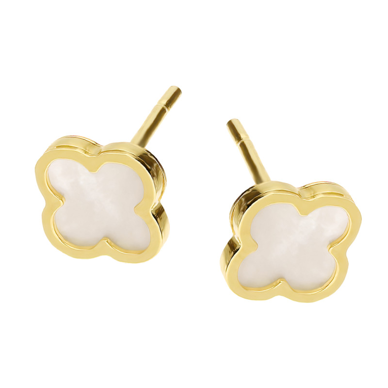 Kolczyki złote koniczynki z masą perłową, próba 585